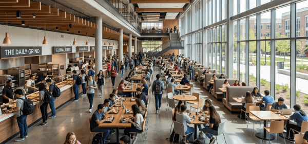 Busy university dining hall with students eating and ordering food