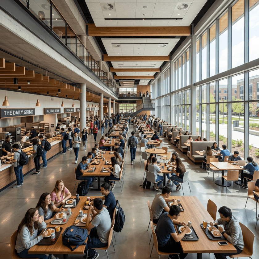 Busy university dining hall with students eating and ordering food