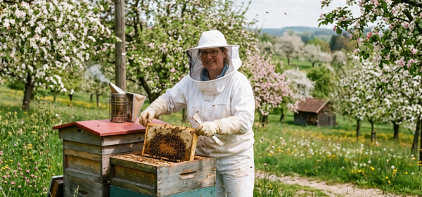 Beekeeper in protective gear holding a honeycomb frame near wooden beehives in a flowering orchard