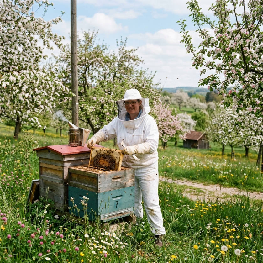 Beekeeper in protective gear holding a honeycomb frame near wooden beehives in a flowering orchard