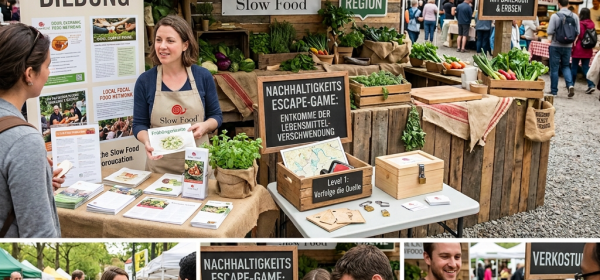 Slow Food market stall with education, produce, sustainability game, and tasting scenes