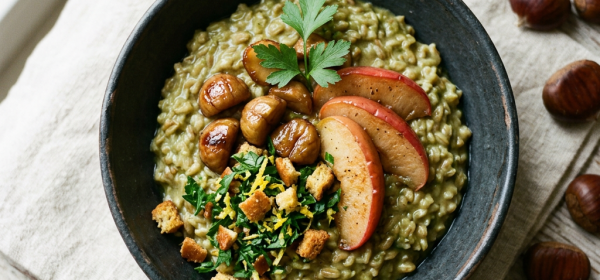 Green risotto topped with chestnuts, apple slices, parsley, and croutons