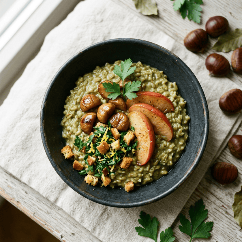 Green risotto topped with chestnuts, apple slices, parsley, and croutons